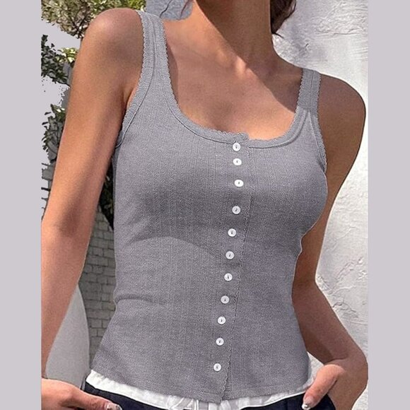 Luxveer Women's Square Neck Crop Tank Top Sexy Y2K Button Front Gray Size XL - Picture 1 of 4